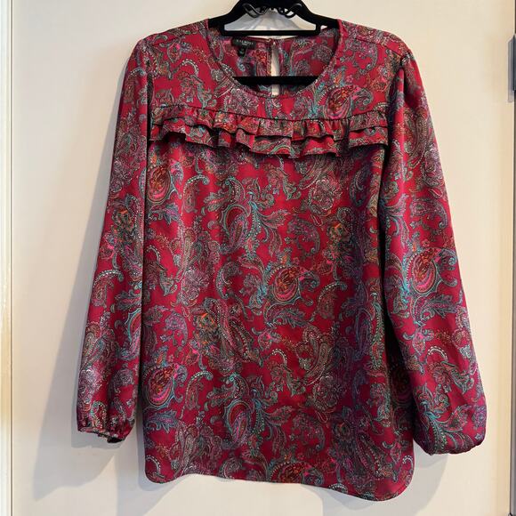 Talbots Paisley Top Red Crew Neck Layered Ruffle Back Button Long Sleeve Sz 1X - Picture 1 of 5